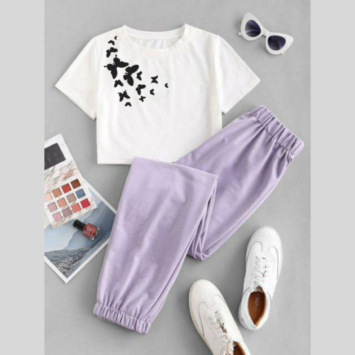 Shoulder butterfly white lilac tracksuit – Q. Clothing